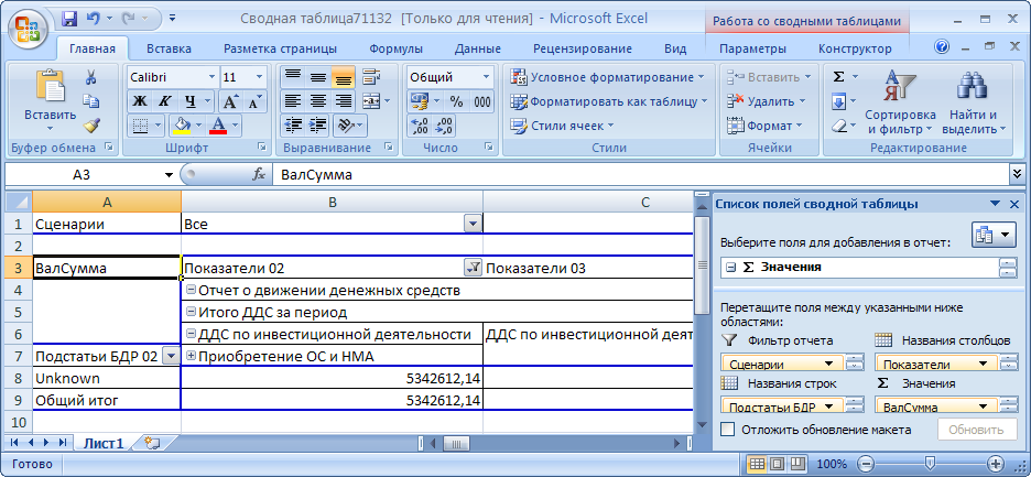 Пример OLAP отчета, полученного в MS Excel 2007
