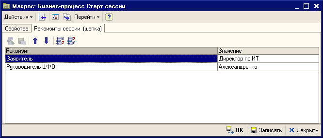 Пример настройки макроса Бизнес-процесс. Старт сессии. Вкладка Реквизиты сессии (шапка)